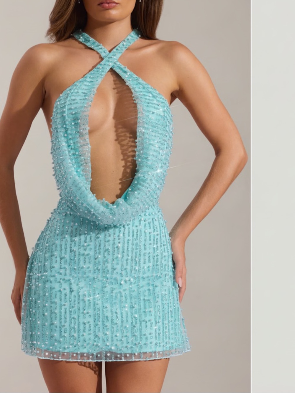Oh Polly Aqua Blue Beaded Cowl Mini Dress - Picture 3 of 6